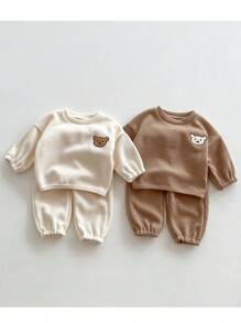 Baby Boy 1pc Embroidery Bear Pattern Drop Shoulder Rib-knit Sweatshirt & 1pc Pants - Khaki - View 1
