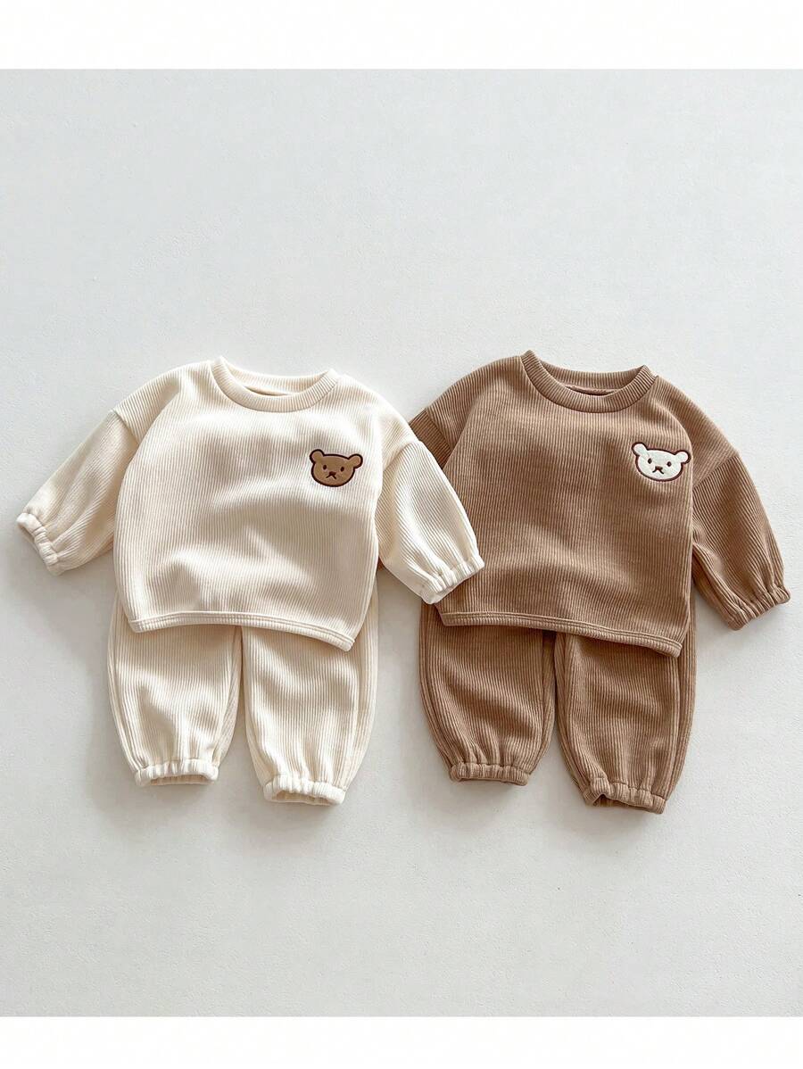 Baby Boy 1pc Embroidery Bear Pattern Drop Shoulder Rib-knit Sweatshirt & 1pc Pants - Khaki - View 1