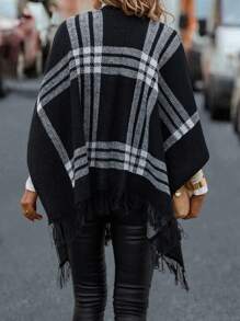 SHEIN LUNE Plaid Pattern Fringe Trim Batwing Sleeve Duster Cardigan - Black - View 2