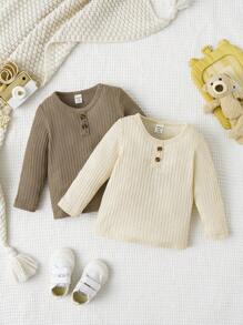 Baby Girl 2pcs Half Button Waffle Knit Tee - Multicolor - View 1