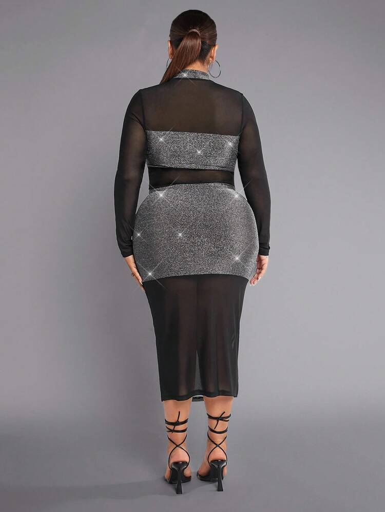Plus Rhinestone Mesh Top & Pencil Skirt