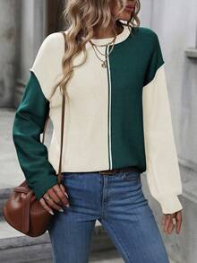 SHEIN LUNE 雙色落肩袖套頭毛衣 - 綠色 - 查看 4