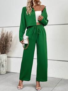 SHEIN LUNE Chất rắn Nút phía trước Áo sơ mi & Nút phía trước Quần ống rộng - màu xanh lá - Xem 6