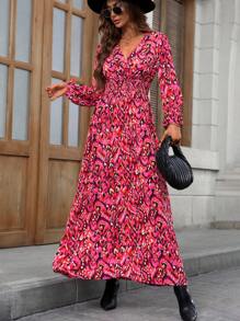 SHEIN Frenchy Allover Print Lantern Sleeve Overlap Collar Dress - Red - View 4