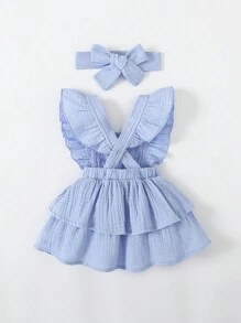SHEIN Bebé niña Vestido ribete con fruncido bajo a capas con diadema - Azul - Ver 2