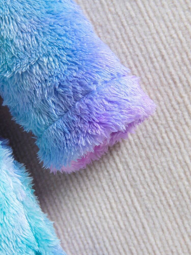 Young Girl Tie Dye Cartoon Embroidery 3D Ears Design Hooded Belted Teddy Coat