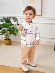 SHEIN 男嬰格紋印花半排扣襯衫和褲子