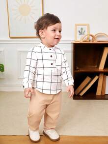 SHEIN 男嬰格紋印花半排扣襯衫和褲子