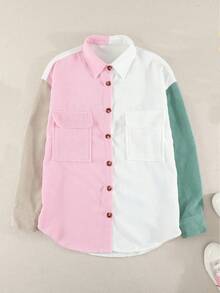 CILKOO Abrigo de pana de color combinado con bolsillo con solapa de hombros caídos - Rosa - Ver 4