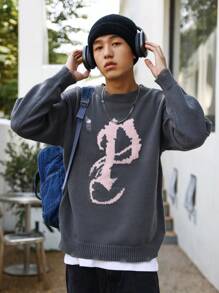 Manfinity Homme Men Graphic Pattern Drop Shoulder Sweater - Grey - View 3