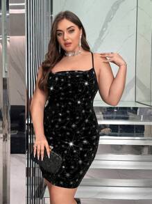SHEIN Privé Talla grande Vestido ajustado de tirantes con estampado de estrella de terciopelo - Negro - Ver 6