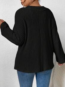 SHEIN Frenchy Plus 純色粒面布料落肩 T 恤和短上衣 - 黑色 - 查看 2