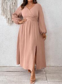 SHEIN VCAY Plus Lantern Sleeve Split Thigh Dress - Red - View 5