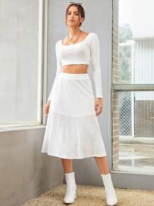 SHEINNeu Solid Crop Tee & Skirt - White - View 4