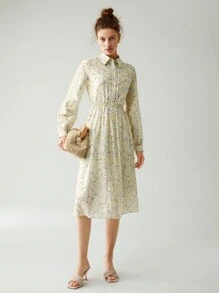 Anewsta Ditsy Floral Print Button Front Shirt Dress - Yellow - View 3