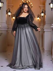 SHEIN Belle Plus Contrast Lace Flare Sleeve Mesh Formal Dress - Black and White - View 5