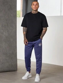 GENTILAND 男士字母圖案腰部抽繩衛褲 - 藍色 - 查看 3