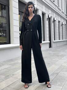 SHEIN Cottnline Double Breasted Wide Leg Jumpsuit - Black - View 1