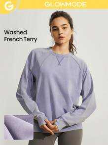 GLOWMODE Washed French Terry Retro Pullover With Thumbhole Crew Neck - Purple - View 1