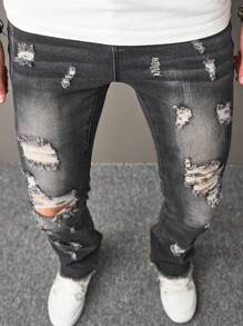 Manfinity Nam Rách Frayed Quần jean ôm - Xám - Xem 4