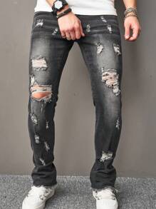 Manfinity Nam Rách Frayed Quần jean ôm - Xám - Xem 6