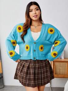 SHEIN EZwear Plus Sunflower Pattern Drop Shoulder Cardigan - Blue - View 4
