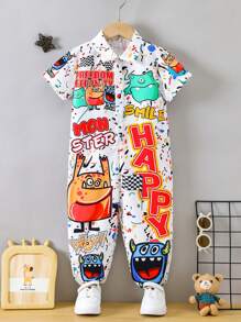 SHEIN Young Boy Cartoon Graphic Shirt Jumpsuit - White - View 1