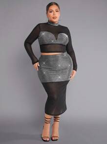 SHEIN SXY 大碼水鑽網紗上衣&鉛筆裙 - 黑色 - 查看 3