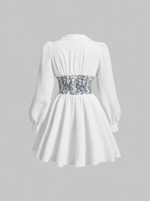 SHEIN MOD Floral Print Shirred Waist Dress - White - View 2