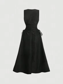 SHEIN MOD 大尺碼女士百褶無袖連衣裙 - 黑色 - 查看 3