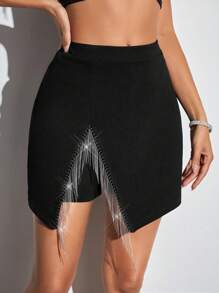 SHEIN Tall Rhinestone Fringe Trim Asymmetrical Hem Skort - Black - View 5