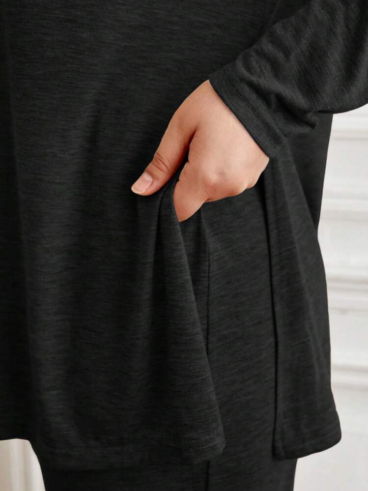 SHEIN Frenchy Talla grande Pantalones con camiseta unicolor bajo con abertura - Negro - Añade 4