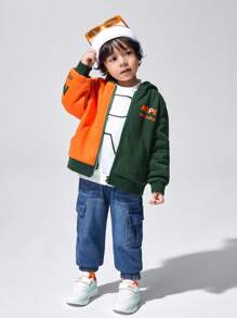 SHEIN 男小童字母圖案雙色加絨內裏連帽夾克 - 彩色 - 查看 3