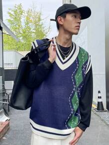 Manfinity Hypemode 男士菱形圖案條紋飾邊 V 領毛衣背心 - 彩色 - 查看 1