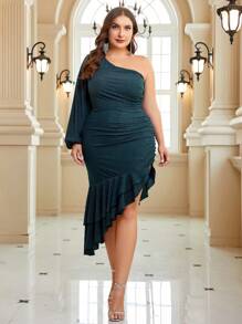 SHEIN Belle Plus One Shoulder Lantern Sleeve Ruched Ruffle Asymmetrical Hem Glitter Dress - Dark Green - View 7