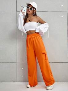 SHEIN Essnce Túi nắp bên cạnh Eo đàn hồi Quần thể thao bảo Cargo - trái cam - Xem 6