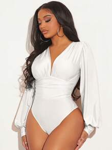 SHEIN SXY Body de cuello profundo de manga farol fruncido - Blanco - Ver 1