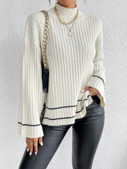 LanaWest 高领落肩开衩下摆毛衣，长袖针织套头衫，秋冬毛衣