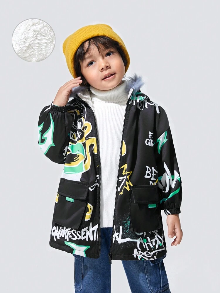 Young Boy Letter Graphic Contrast Fuzzy Hooded Thermal Lined Coat