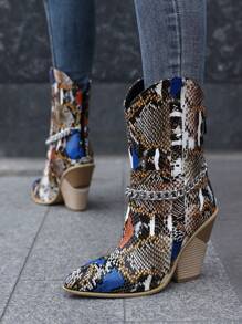 Western Style Snake Print Pointed Toe Boots For Women, Colorful, Wood Grain Patterned Heel With Chain Decoration (pattern Random) - Multicolor - View 2