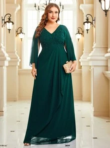 SHEIN Belle Plus Contrast Lace Cloak Sleeve Bridesmaid Dress - Dark Green - View 6