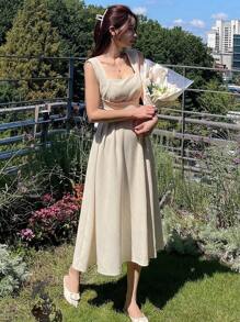 DAZY 纯色抽绳侧吊带连衣裙太阳裙，休闲女装 - 米色 - 查看 4