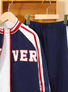 SHEIN 男孩字母圖案插肩袖條紋飾邊飛行員夾克和運動褲不帶T恤 - 彩色 - 查看 6