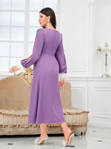 Modelyn 毛茸邊開衩袖A字洋裝 - 紫色 - 查看 4