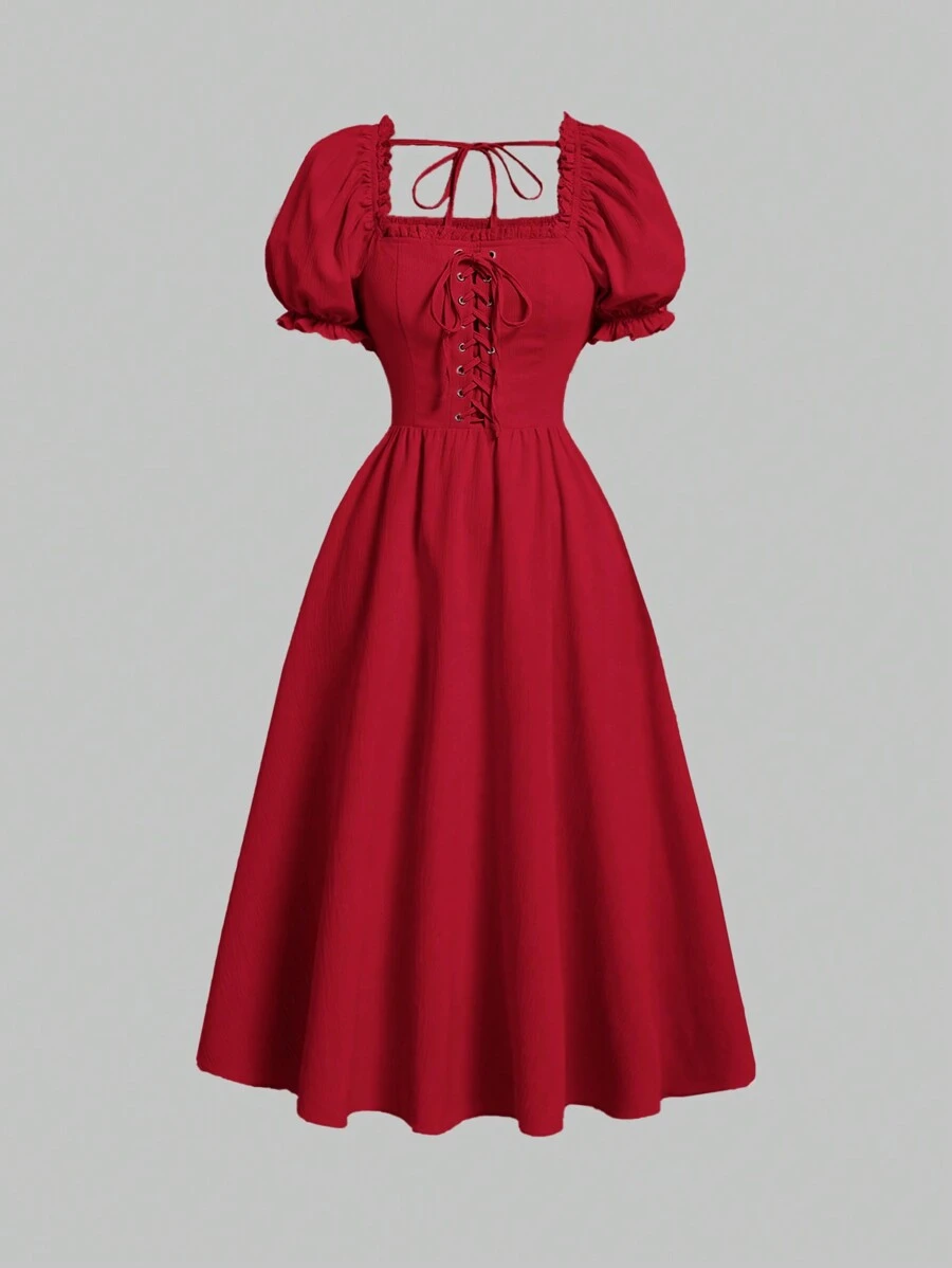 SHEIN MOD Solid Lace Up Front Puff Sleeve Dress - Red - View 1