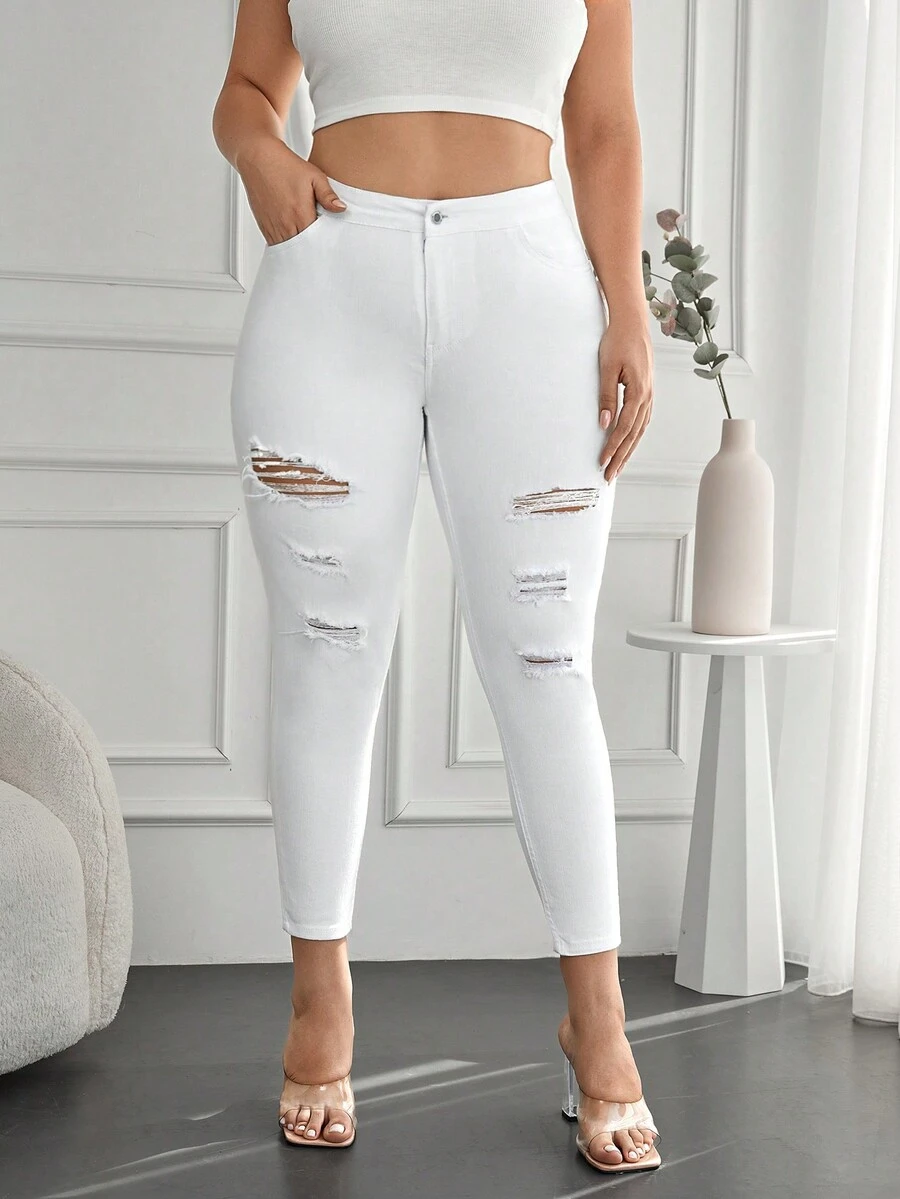 Cottnline Rách Gầy Quần skinny Quần jean - Màu xanh lam - Xem 1