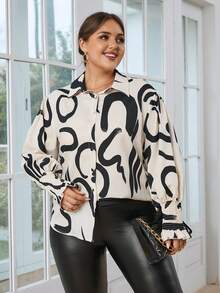SHEIN Essnce Damenbluse Große Größen Mit Durchgehendem Print Und Gerafften Bündchen - Aprikosenfarben - Übersicht 3
