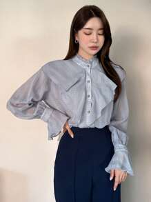 DAZY 素色荷葉邊荷葉袖前紐扣襯衫 - 藍色 - 查看 5