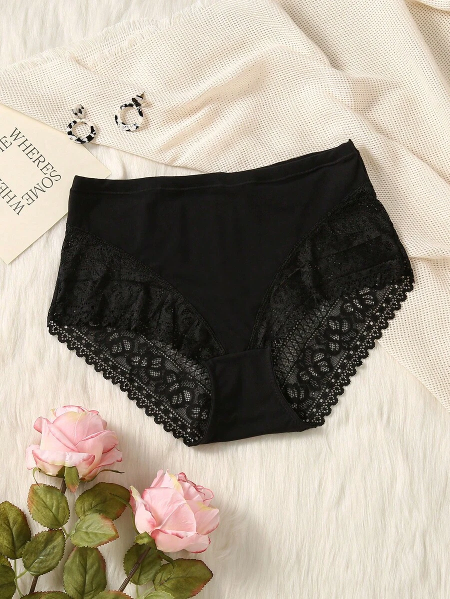 SHEIN Talla grande Bragas con encaje floral - Negro - Ver 1