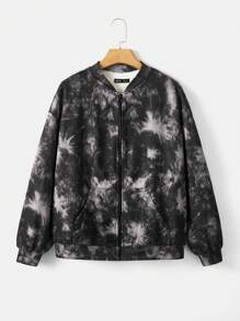 SHEIN EZwear 大碼紮染落肩飛行員夾克 - 黑色 - 查看 1